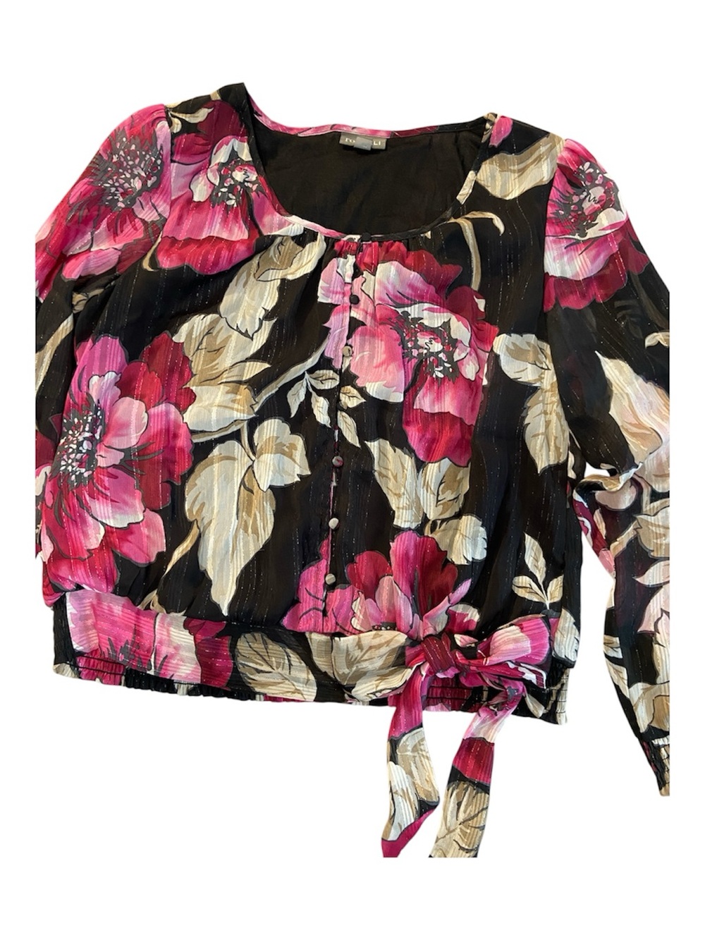 Floral Tie-Waist Blouse - Black and Pink
